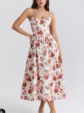 House of CB Cream Dress with Red and Green Floral Trim
